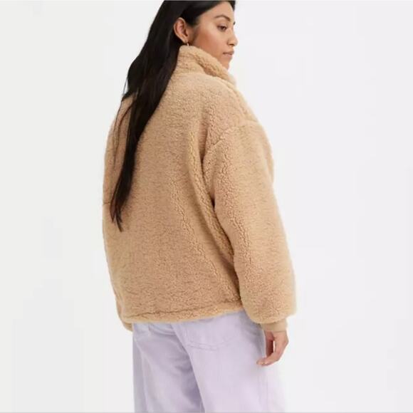 Levi's Teddy Sherpa Fleece Full Zip Jacket Sesame Brown Tan Medium Cinched NEW - Picture 3 of 16